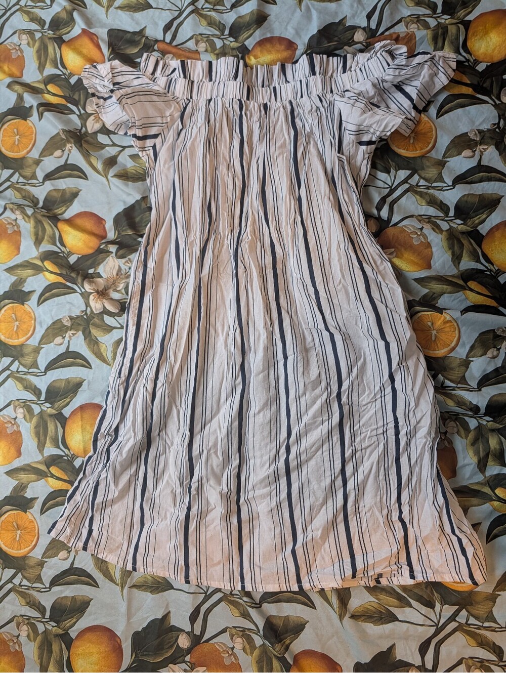 Rebellion Women's White & Navy Striped Off-Shoulder Linen Dress | Size Medium